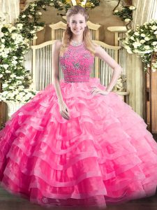 Beauteous Sleeveless Organza Floor Length Zipper Quinceanera Gown in Rose Pink with Beading and Ruffled Layers