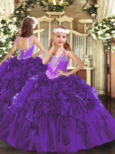 Exquisite Beading and Ruffles Little Girl Pageant Dress Purple Lace Up Sleeveless Floor Length