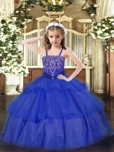 Floor Length Lace Up Little Girls Pageant Dress Royal Blue for Party and Quinceanera with Beading and Ruffled Layers