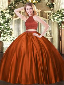 New Arrival Floor Length Rust Red Quince Ball Gowns Halter Top Sleeveless Backless
