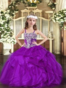 Purple Straps Lace Up Appliques and Ruffles Little Girls Pageant Dress Wholesale Sleeveless