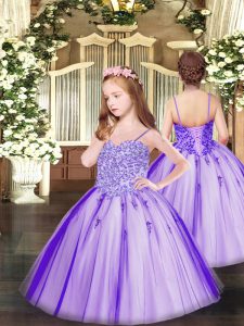Unique Lavender Sleeveless Floor Length Appliques Lace Up Pageant Dress Toddler