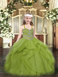 Olive Green Sleeveless Floor Length Beading and Ruffles Lace Up Kids Formal Wear