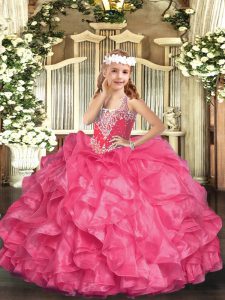 Hot Pink Sleeveless Floor Length Beading and Ruffles Lace Up Little Girl Pageant Gowns