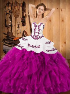 Admirable Floor Length Lace Up Ball Gown Prom Dress Fuchsia for Military Ball and Sweet 16 and Quinceanera with Embroidery and Ruffles