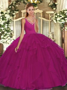 Sleeveless Organza Floor Length Backless Quince Ball Gowns in Fuchsia with Ruffles