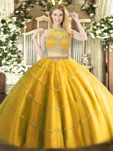 Gold Sleeveless Tulle Zipper Quinceanera Dress for Military Ball and Sweet 16 and Quinceanera