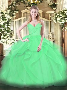 Glittering Green Ball Gowns Spaghetti Straps Sleeveless Tulle Floor Length Zipper Ruffles and Ruching Quinceanera Gowns