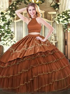 Brown Organza Backless Halter Top Sleeveless Floor Length Ball Gown Prom Dress Beading and Embroidery and Ruffled Layers