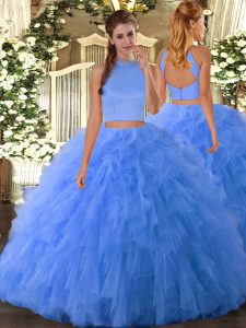 Baby Blue Two Pieces Tulle Halter Top Sleeveless Beading and Ruffles Floor Length Backless Quinceanera Gown