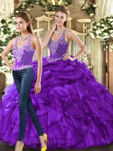 New Style Eggplant Purple Sleeveless Floor Length Beading and Ruffles Lace Up Quinceanera Dress