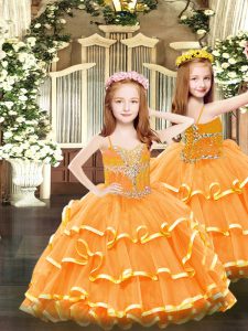 Most Popular Orange Lace Up Girls Pageant Dresses Beading and Ruffled Layers Sleeveless Floor Length