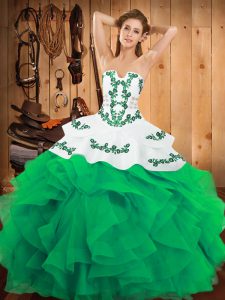 Fine Green Lace Up Strapless Embroidery and Ruffles 15th Birthday Dress Satin and Organza Sleeveless