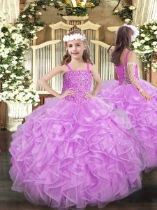 Sleeveless Organza Floor Length Lace Up Little Girls Pageant Gowns in Lilac with Beading and Ruffles