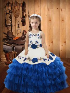 Blue Sleeveless Floor Length Embroidery and Ruffles Lace Up Pageant Dress for Womens