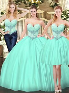 Fashion Three Pieces Quinceanera Dresses Apple Green Tulle Sleeveless Floor Length Lace Up