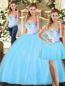 Noble Sweetheart Sleeveless Quince Ball Gowns Floor Length Beading Baby Blue Tulle