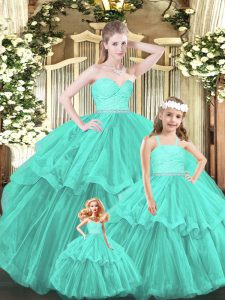 Aqua Blue Lace Up Sweetheart Lace and Ruffled Layers 15th Birthday Dress Organza Sleeveless
