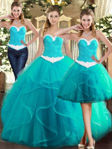 Fantastic Ruffles Quinceanera Gown Turquoise Lace Up Sleeveless Floor Length