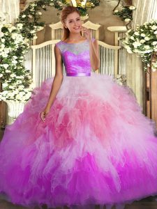 Multi-color Tulle Backless Quinceanera Gown Sleeveless Floor Length Lace and Ruffles