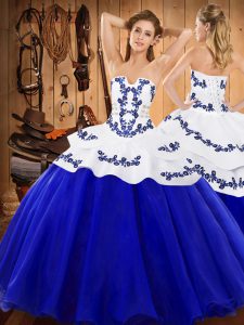 Pretty Royal Blue Lace Up Strapless Embroidery Quinceanera Gowns Satin and Organza Sleeveless