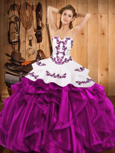 Custom Made Fuchsia Ball Gowns Embroidery and Ruffles 15 Quinceanera Dress Lace Up Satin and Organza Sleeveless Floor Length