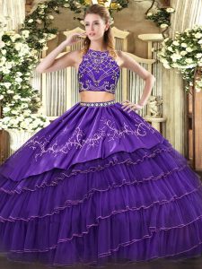 Simple Sleeveless Tulle Floor Length Zipper Quinceanera Dresses in Purple with Beading and Embroidery and Ruffled Layers