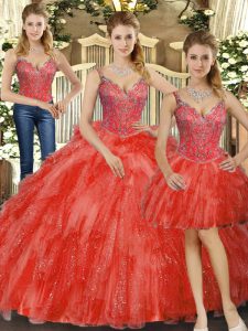 Modern Red Straps Lace Up Beading and Ruffles 15th Birthday Dress Sleeveless