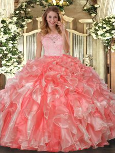 Organza Scoop Sleeveless Clasp Handle Lace and Ruffles Ball Gown Prom Dress in Coral Red
