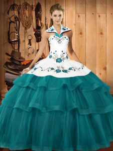 Modest Teal Sleeveless Embroidery and Ruffled Layers Lace Up Sweet 16 Quinceanera Dress