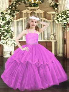 Elegant Lilac Ball Gowns Organza Straps Sleeveless Beading and Lace Floor Length Zipper Pageant Dress for Girls
