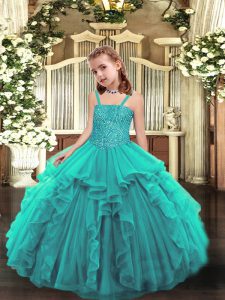 Customized Organza Sleeveless Floor Length Girls Pageant Dresses and Beading and Ruffles