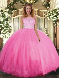 Rose Pink Clasp Handle Scoop Lace Quince Ball Gowns Tulle Sleeveless