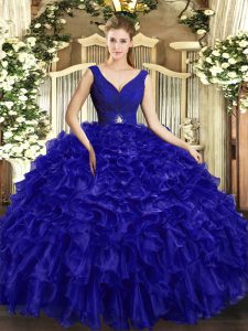 Decent Royal Blue Backless 15 Quinceanera Dress Beading and Ruffles Sleeveless Floor Length