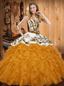 On Sale Gold Sleeveless Satin and Organza Lace Up Quinceanera Dress for Military Ball and Sweet 16 and Quinceanera