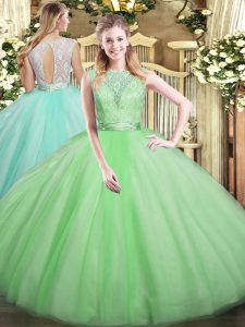 Apple Green Tulle Backless Ball Gown Prom Dress Sleeveless Floor Length Lace