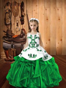 Dark Green Ball Gowns Organza Straps Sleeveless Embroidery and Ruffles Floor Length Lace Up Girls Pageant Dresses