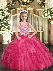 Floor Length Hot Pink Little Girls Pageant Gowns Organza Sleeveless Beading and Ruffles