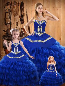Graceful Blue Ball Gowns Sweetheart Sleeveless Satin and Organza Floor Length Lace Up Embroidery and Ruffled Layers Vestidos de Quinceanera