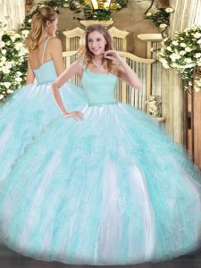 Sophisticated Straps Sleeveless Quinceanera Gown Floor Length Beading and Ruffles Aqua Blue Tulle