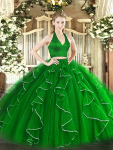 Halter Top Sleeveless Quinceanera Dress Floor Length Ruffles Green Organza