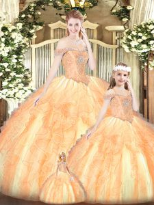 Fancy Orange Red Ball Gowns Beading and Ruffles Quinceanera Gowns Lace Up Tulle Sleeveless Floor Length