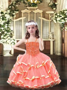 Watermelon Red Lace Up Little Girls Pageant Dress Beading and Ruffled Layers Sleeveless Floor Length