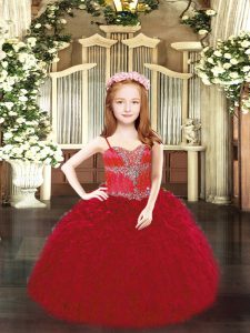 Wine Red Ball Gowns Spaghetti Straps Sleeveless Organza Floor Length Lace Up Beading and Ruffles Pageant Gowns For Girls