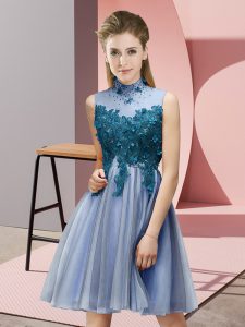 Blue Dama Dress for Quinceanera Prom and Party and Wedding Party with Appliques High-neck Sleeveless Lace Up