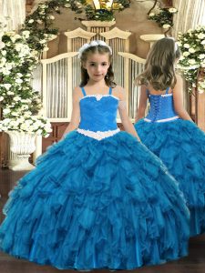 Classical Sleeveless Floor Length Appliques and Ruffles Lace Up Kids Pageant Dress with Blue