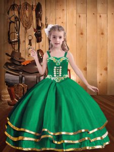 New Arrival Straps Sleeveless Little Girls Pageant Gowns Floor Length Embroidery and Ruffled Layers Green Organza