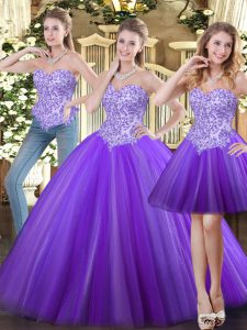 Charming Eggplant Purple Ball Gowns Sweetheart Sleeveless Tulle Floor Length Lace Up Beading 15th Birthday Dress