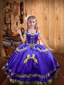 Dazzling Floor Length Purple Pageant Dress Satin Sleeveless Beading and Embroidery
