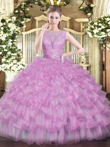 Spectacular Lilac Scoop Neckline Beading and Ruffled Layers Sweet 16 Dress Sleeveless Backless